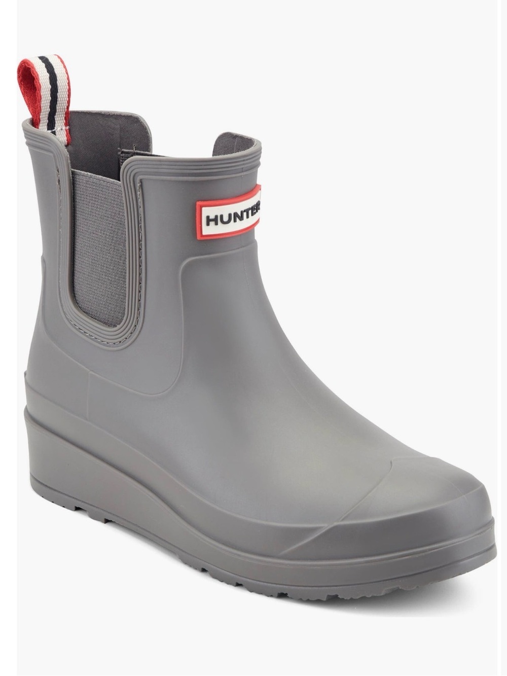 Hunter Gray Chelsea Short Wedge Rain Boot with Red Trim